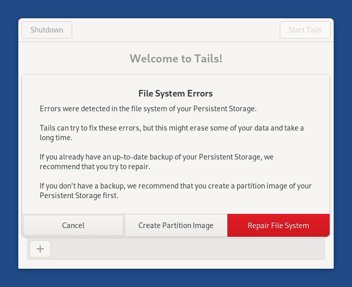 Finestra di dialogo Errori del File System nella Schermata di Benvenuto